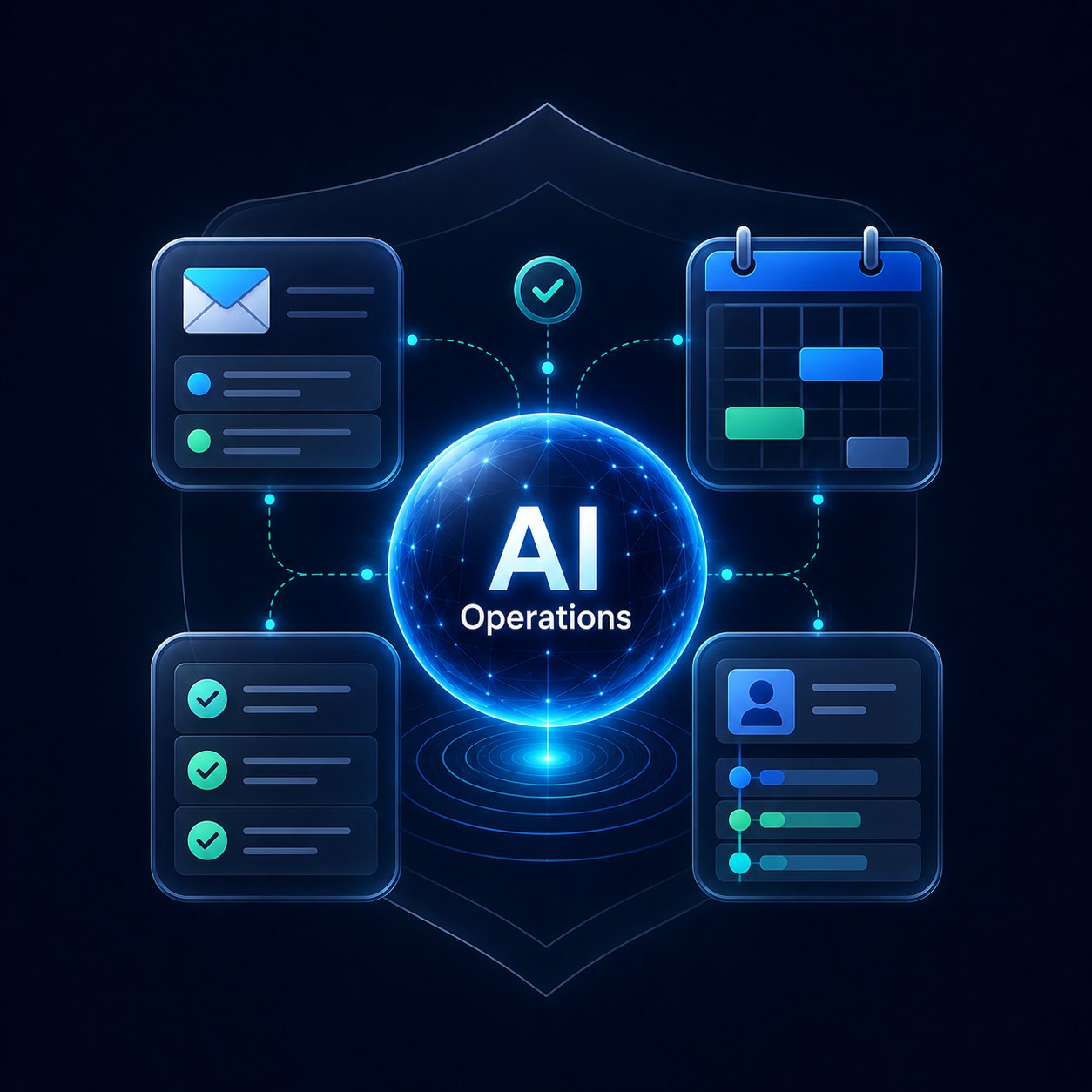 Abstract secure AI operations core connecting inbox, calendar, task, and CRM workflows